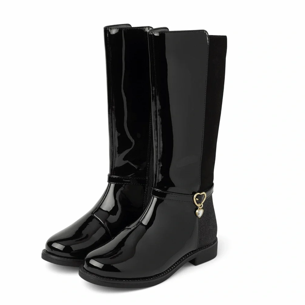 The‎ Children’s Place Girls Black Patent Knee-High Boots Heart Charm NWT Size 5